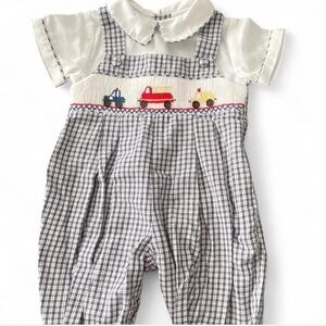 Vintage Kids Plaid Romper with Embroidered Vehicles 0-3M